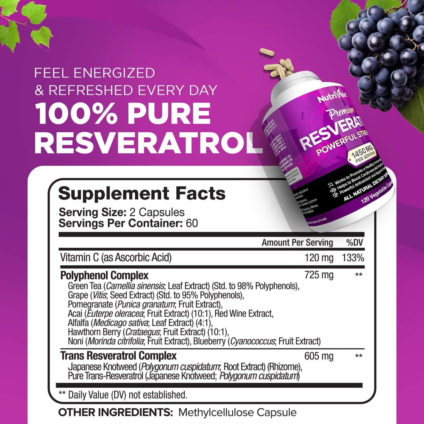 Nutrivein Premium Resveratrol 1450mg - 120 Caps: Pure Trans Resveratrol Supplement Enhanced with Green Tea Leaf & Acai Berry - Aging, Defenses, Brain, Heart, and Joint Support