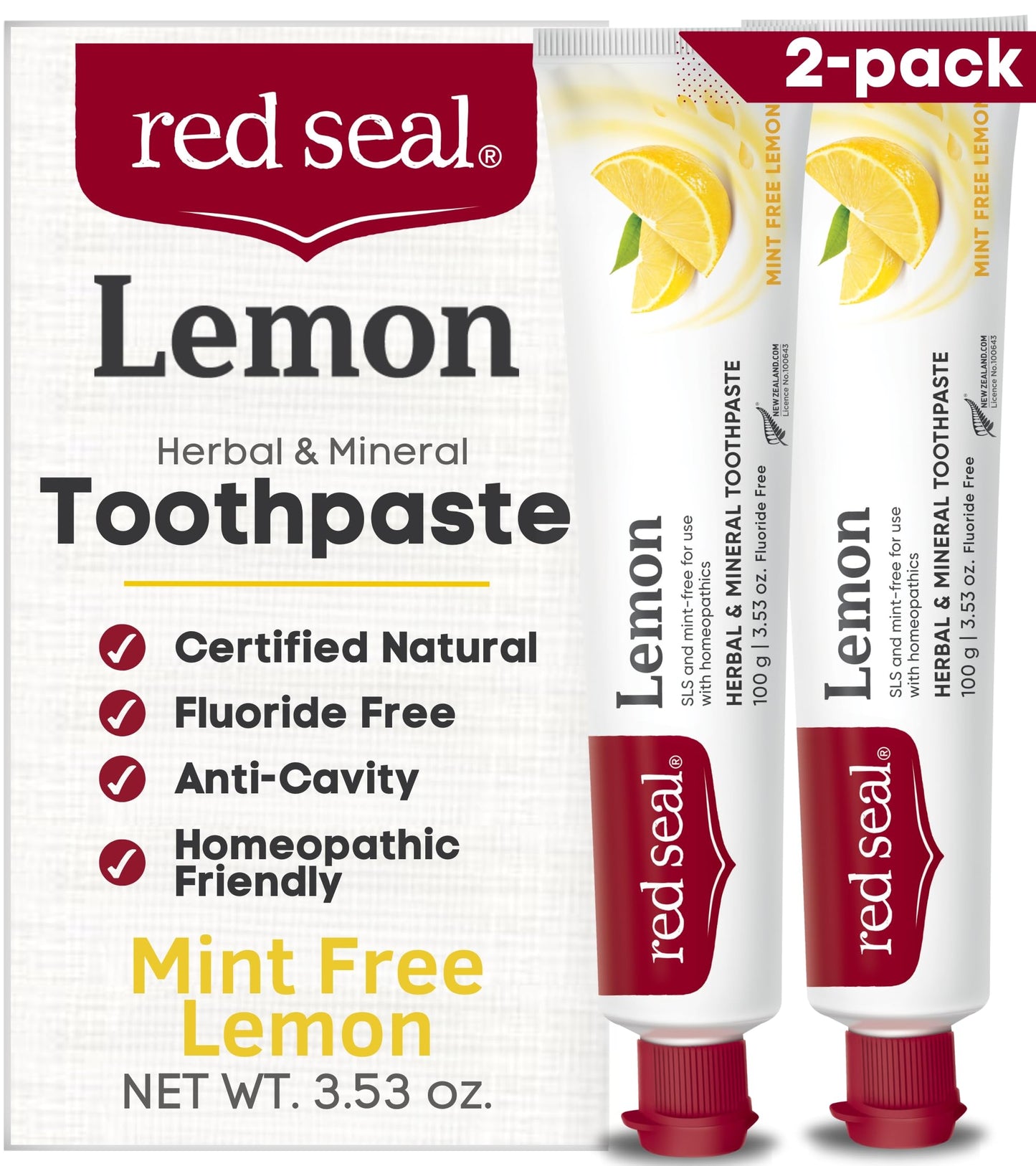 Red Seal Fluoride Free Lemon Toothpaste - Mint-Free Citrus Flavor | Vegan, Cruelty-Free, SLS Free, NATRUE Certified, 3.53 oz