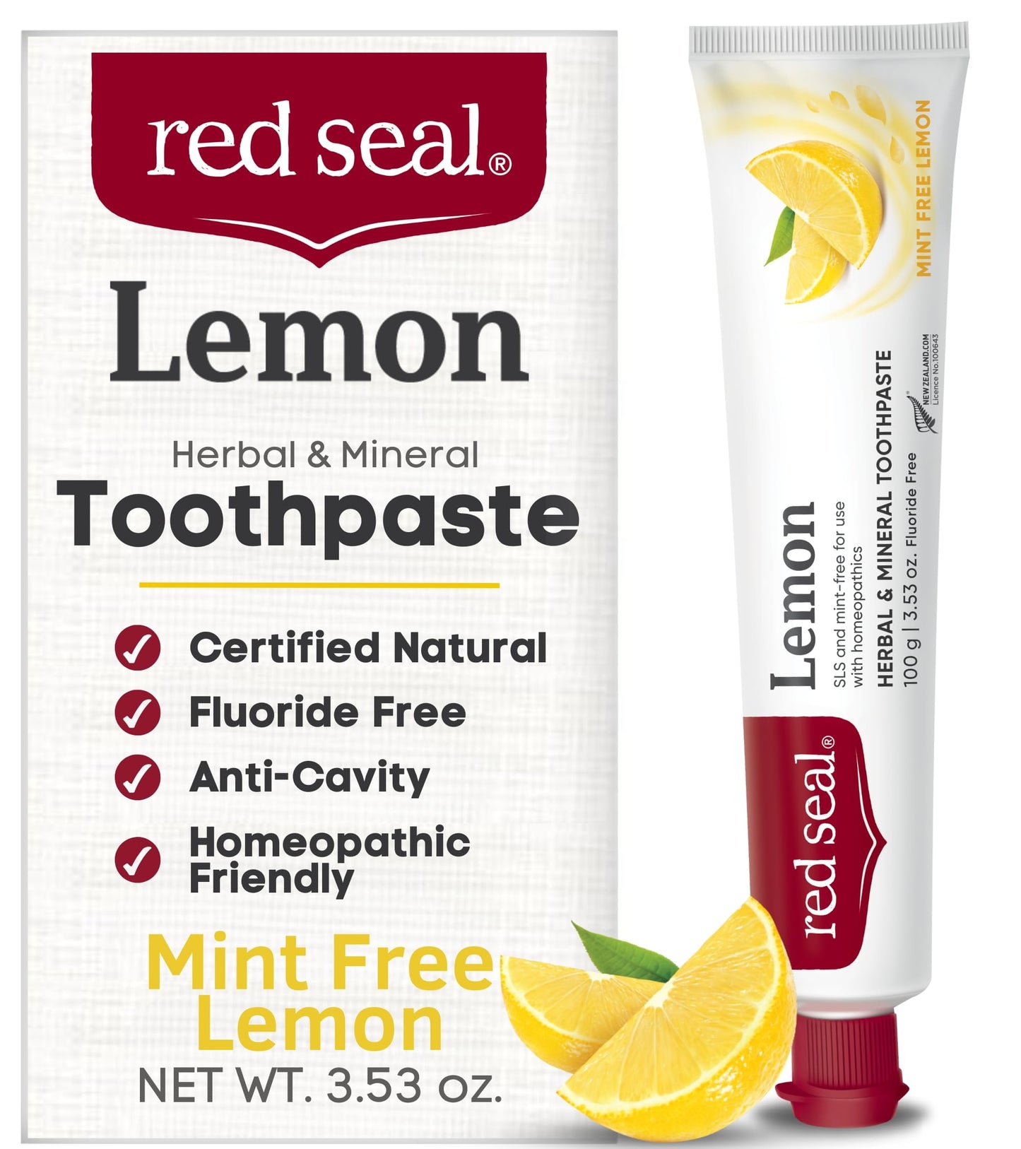 Red Seal Lemon Toothpaste - Fluoride Free, Mint-Free, Vegan, SLS Free, NATRUE Certified Natural | 3.53 oz