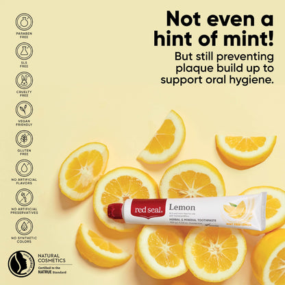 Red Seal Lemon Toothpaste - Fluoride Free, Mint-Free, Vegan, SLS Free, NATRUE Certified Natural | 3.53 oz