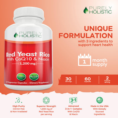 Purely Holistic Red Yeast Rice 1200mg with CoQ10 & Flush Free Niacin - 60 Vegetarian Capsules