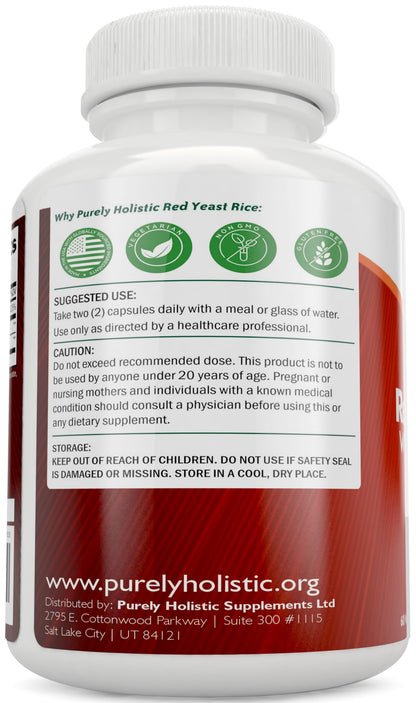 Purely Holistic Red Yeast Rice 1200mg with CoQ10 & Flush Free Niacin - 60 Vegetarian Capsules