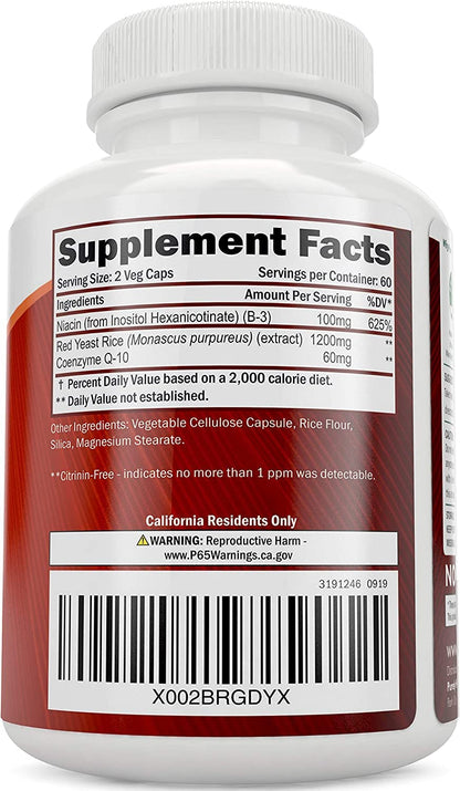 Red Yeast Rice 1200mg with CoQ10 & Niacin – 120 Vegetarian Capsules | Healthy Heart Formula