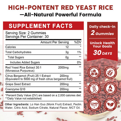 Red Yeast Rice 2000mg + CoQ10 Gummies – Max Strength Cholesterol Support (60 Count) | Vegan, Non-GMO, Gluten-Free