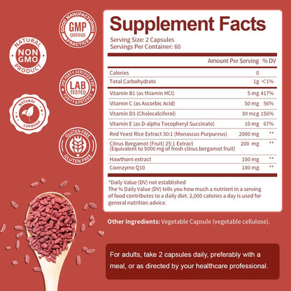 Red Yeast Rice 2,000mg with CoQ10 – Citrinin-Free, Bergamot & Hawthorn | Vegan Non-GMO