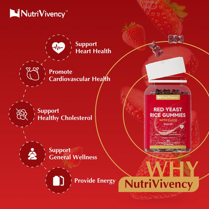 Red Yeast Rice with CoQ10 Gummies - 2400mg + 200mg CoQ10, Strawberry Flavor, 60 Counts, Vegan