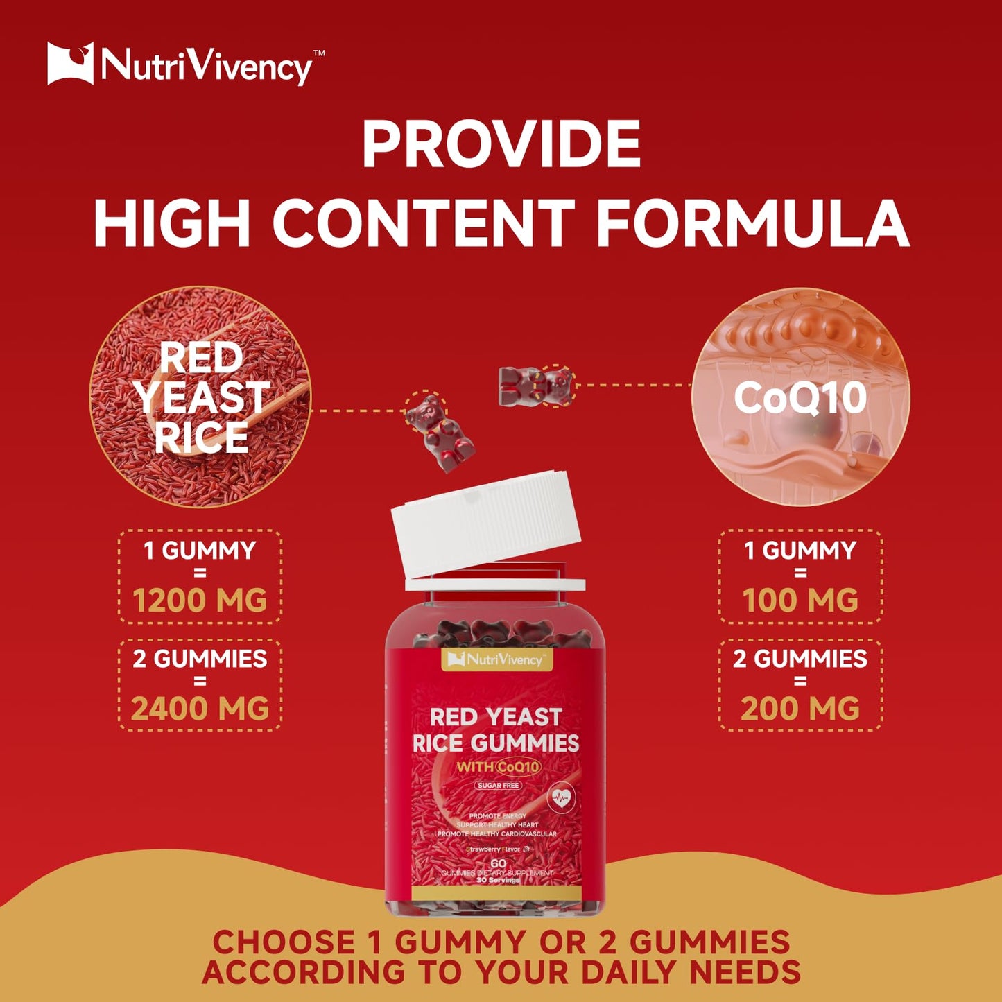 Red Yeast Rice with CoQ10 Gummies - 2400mg + 200mg CoQ10, Strawberry Flavor, 60 Counts, Vegan