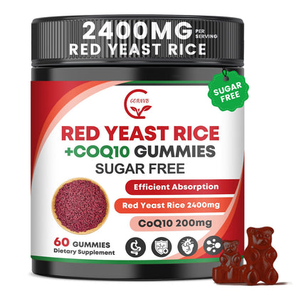 Red Yeast Rice with CoQ10 Gummies - 2400mg + 200mg Cholesterol Support (60 Count) - Sugar Free, Vegan