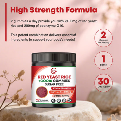Red Yeast Rice with CoQ10 Gummies - 2400mg + 200mg Cholesterol Support (60 Count) - Sugar Free, Vegan