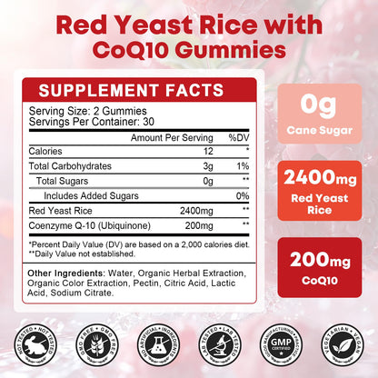 Red Yeast Rice with CoQ10 Gummies - 2400mg + 200mg Cholesterol Support (60 Count) - Sugar Free, Vegan