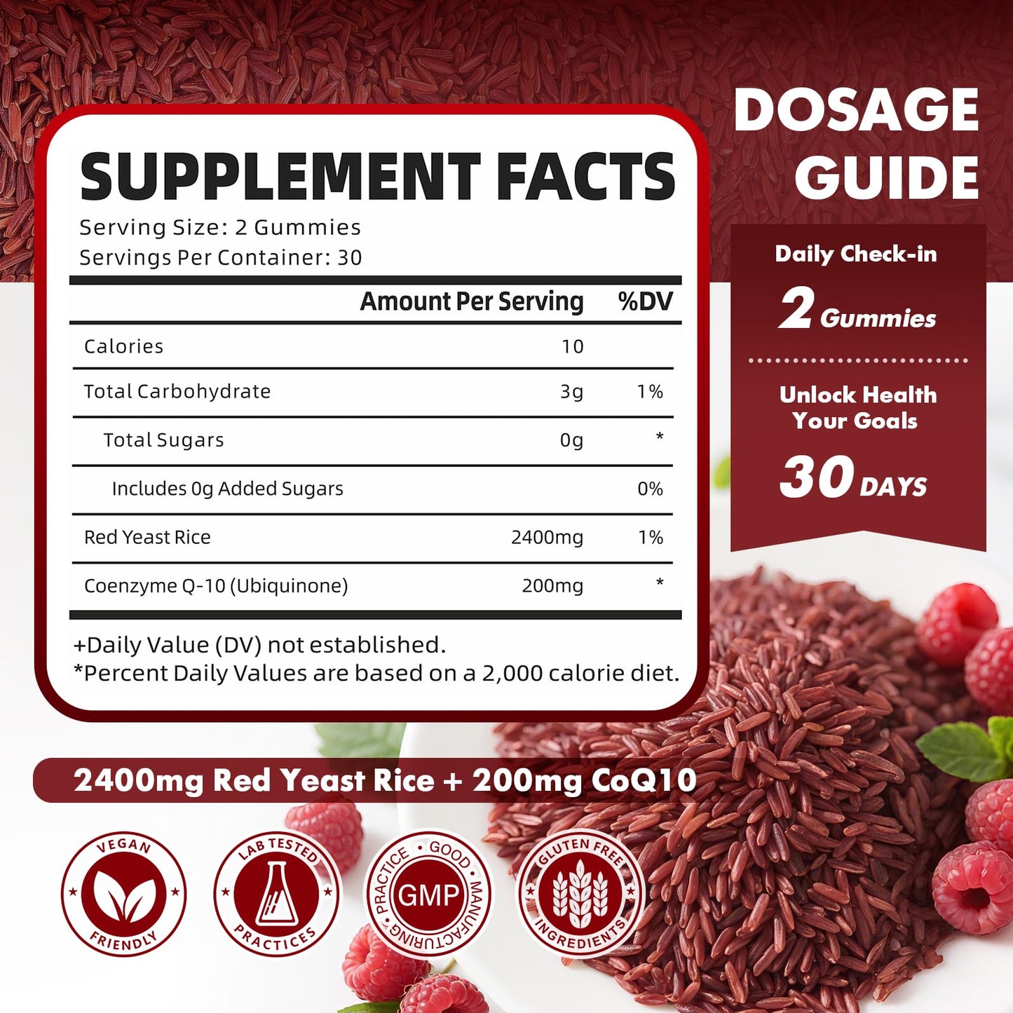 2 Pack Red Yeast Rice with CoQ10 Gummies - Sugar Free Raspberry Flavor, 120 Count