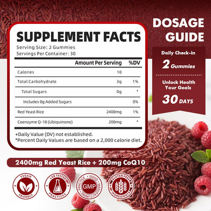 2 Pack Red Yeast Rice with CoQ10 Gummies - Sugar Free Raspberry Flavor, 120 Count
