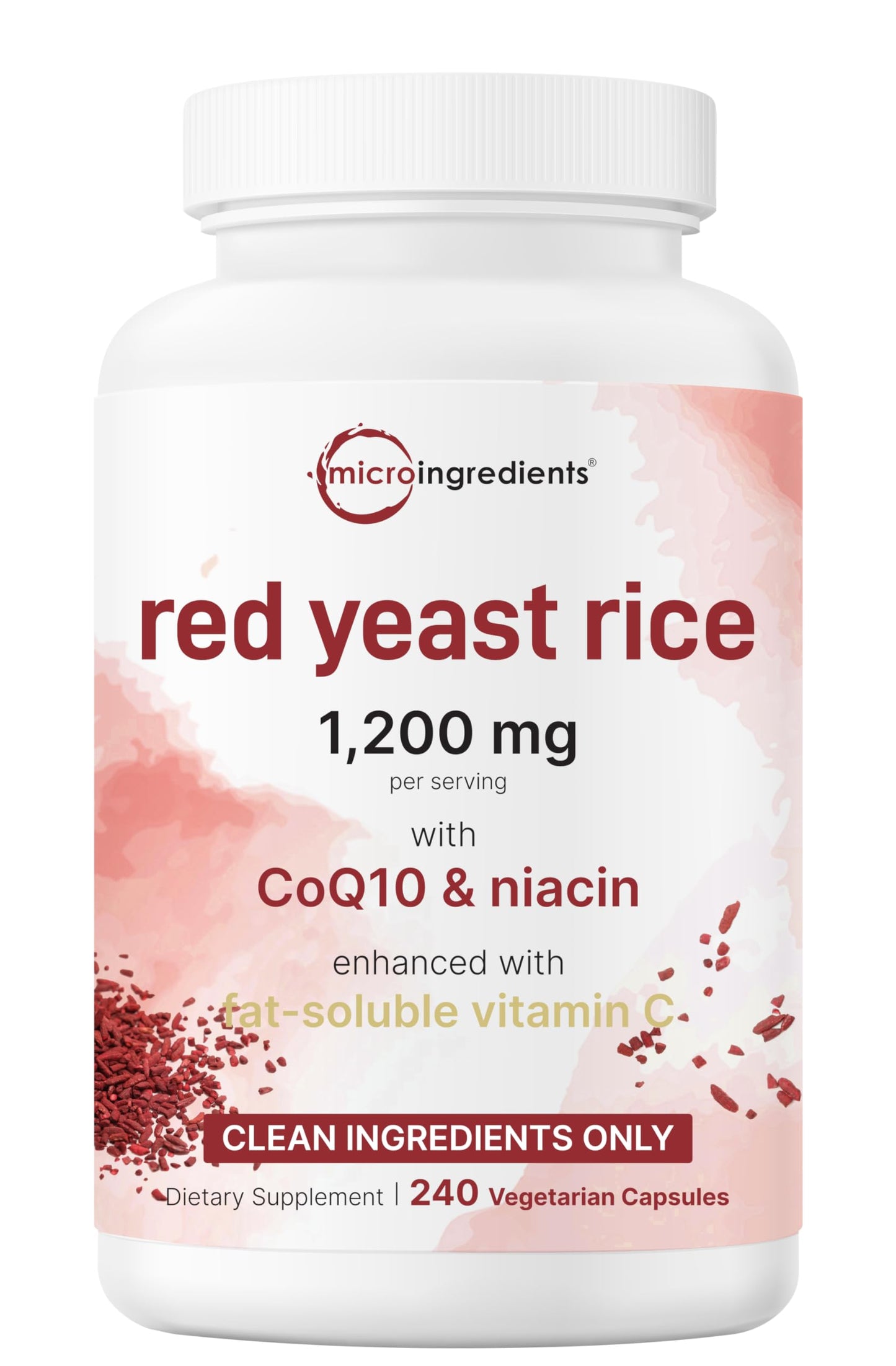 Red Yeast Rice 1,200mg + CoQ10 100mg | 240 Veggie Capsules | 4-in-1 Niacin & Vitamin C for Heart Health