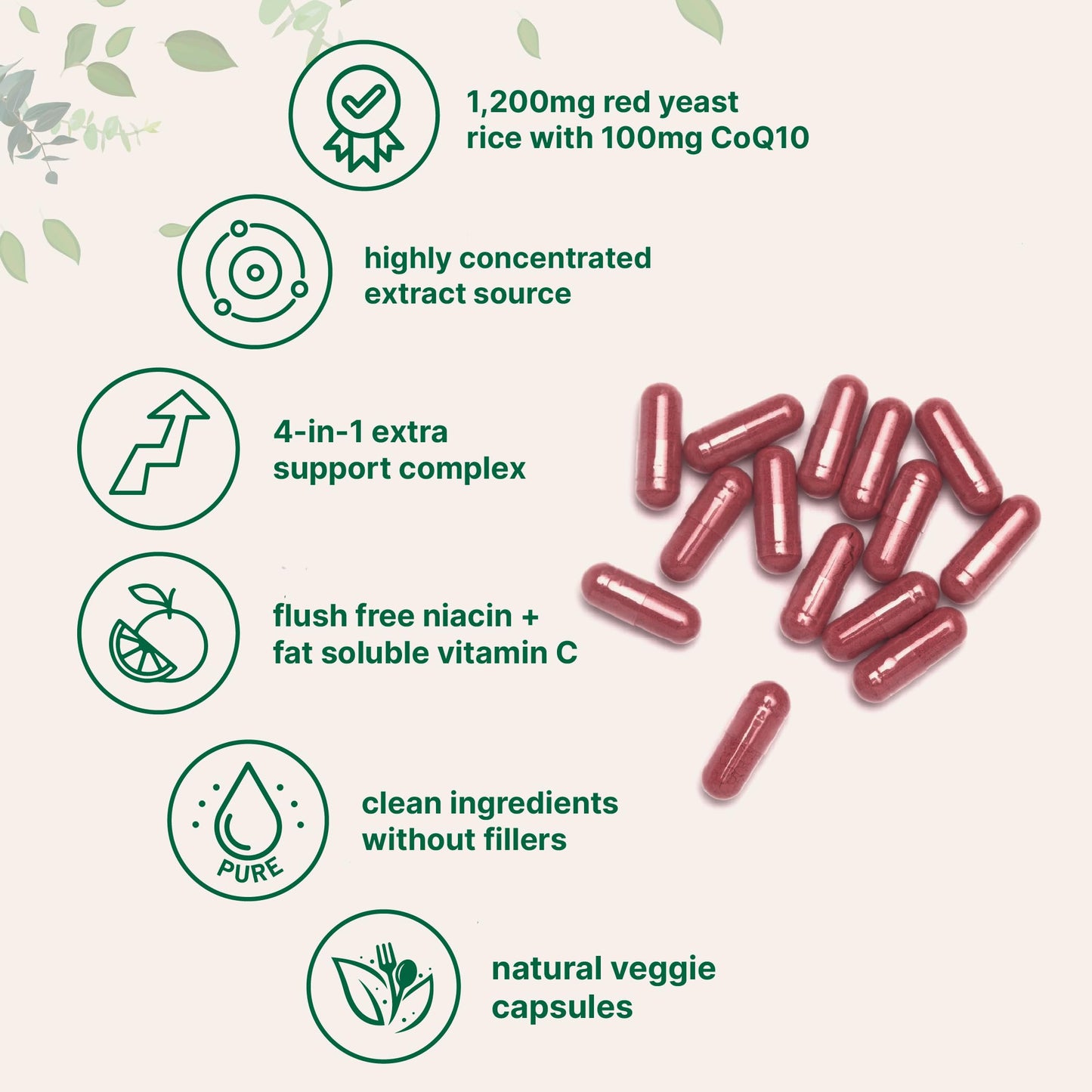 Red Yeast Rice 1,200mg + CoQ10 100mg | 240 Veggie Capsules | 4-in-1 Niacin & Vitamin C for Heart Health