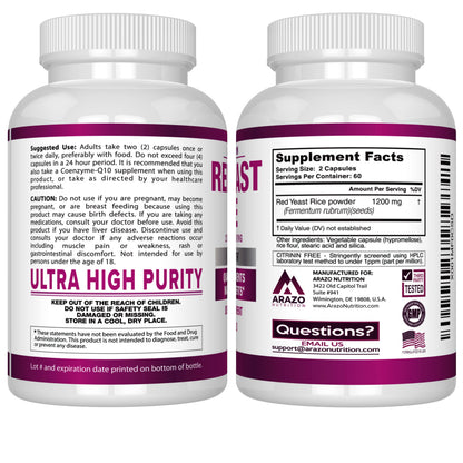 Arazo Nutrition Red Yeast Rice Extract 1200 mg – Citrinin Free – Vegetarian 120 Capsules