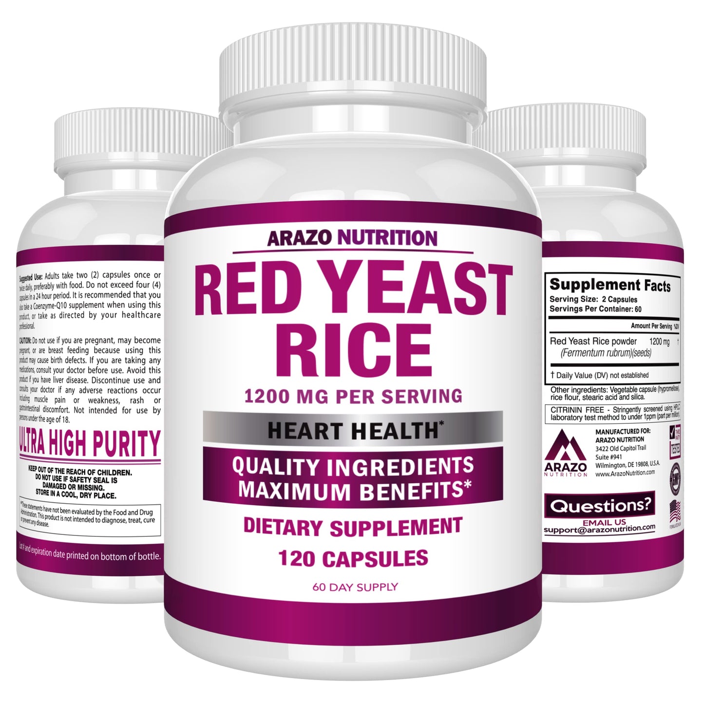 Arazo Nutrition Red Yeast Rice Extract 1200 mg – Citrinin Free – Vegetarian 120 Capsules