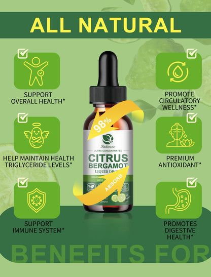 Citrus Bergamot Liquid Drops – High Absorption (2 Fl Oz) with Soursop, Garlic, Olive Leaf & Red Yeast Rice