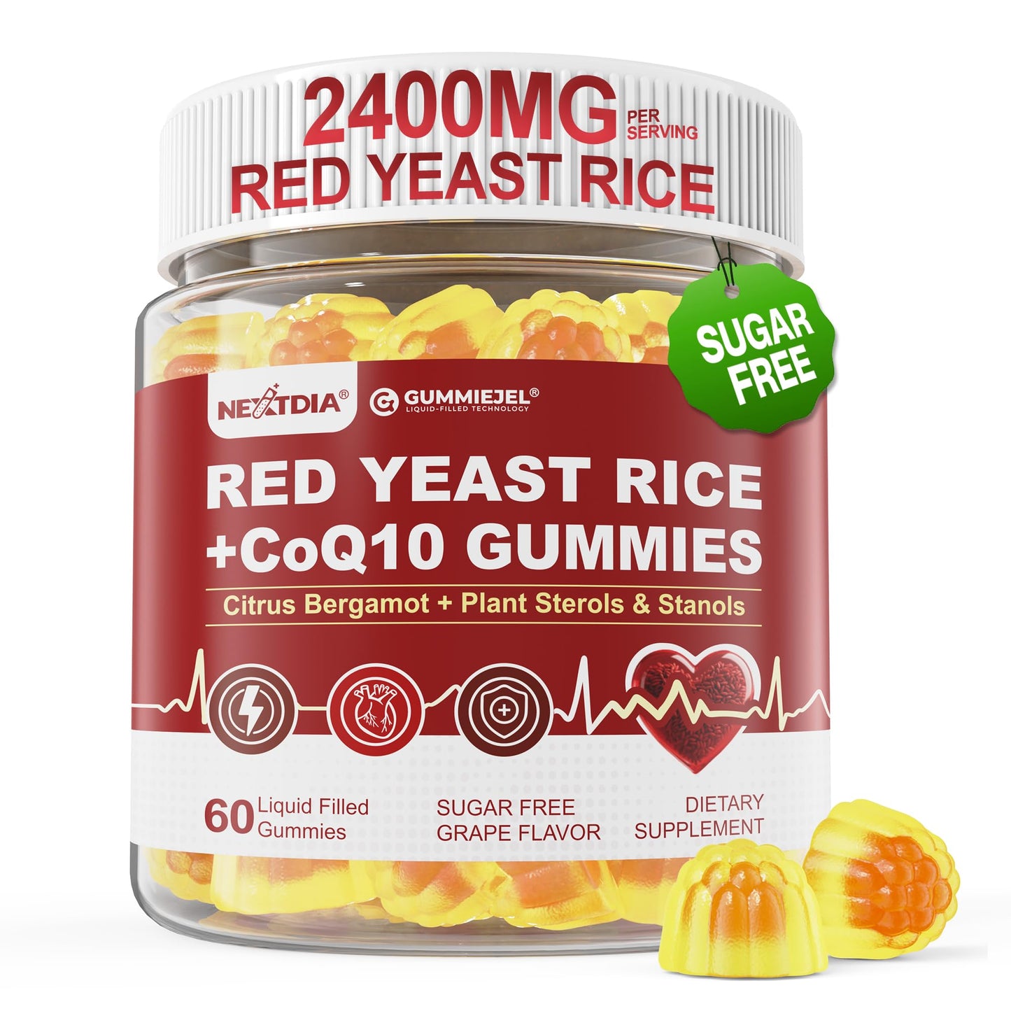 Red Yeast Rice Gummies 2400mg CoQ10 – Sugar-Free Vegan 60 Count | Cholesterol & Vascular Health