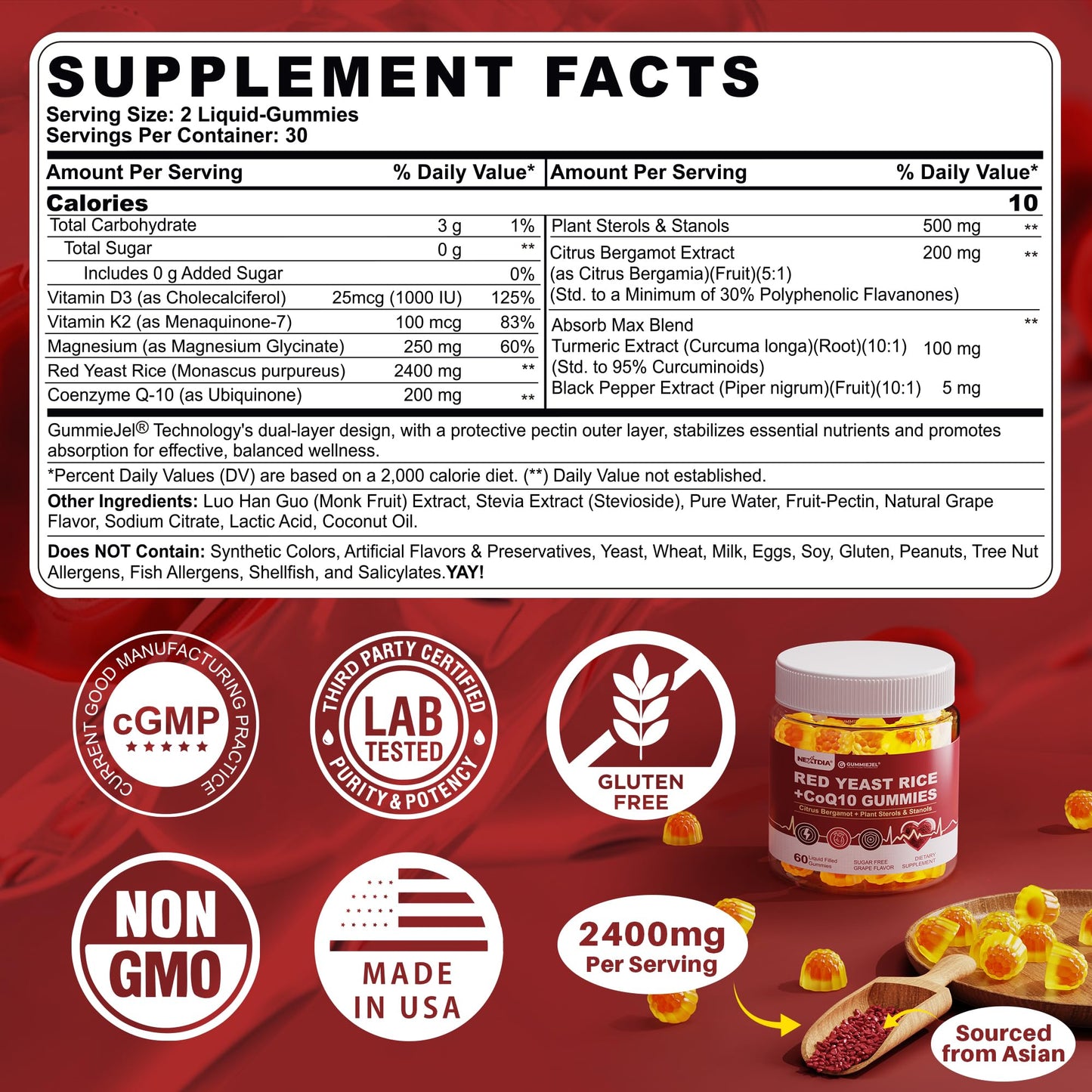 Red Yeast Rice Gummies 2400mg CoQ10 – Sugar-Free Vegan 60 Count | Cholesterol & Vascular Health