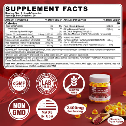 Red Yeast Rice Gummies 2400mg CoQ10 – Sugar-Free Vegan 60 Count | Cholesterol & Vascular Health