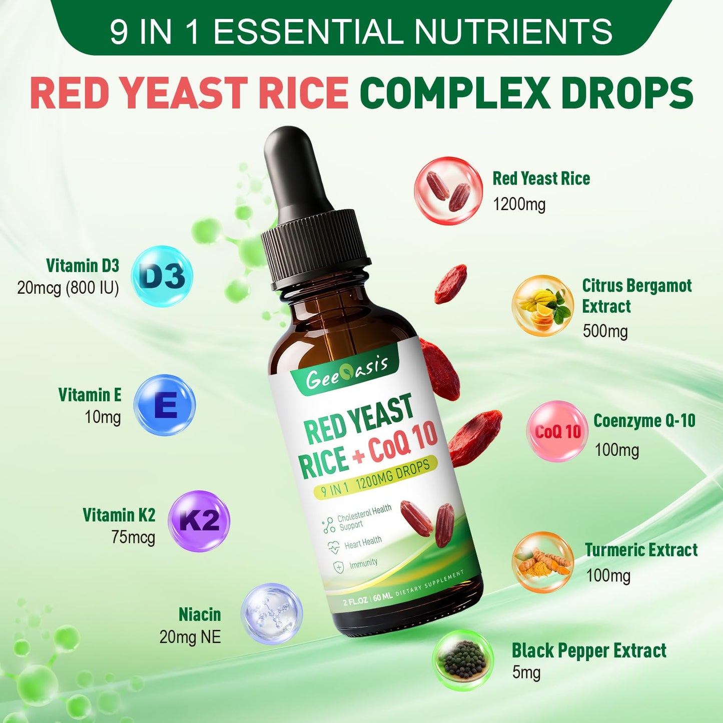 Liquid Red Yeast Rice with CoQ10 Drops 1200mg - Cholesterol & Immune Support, 2 fl oz