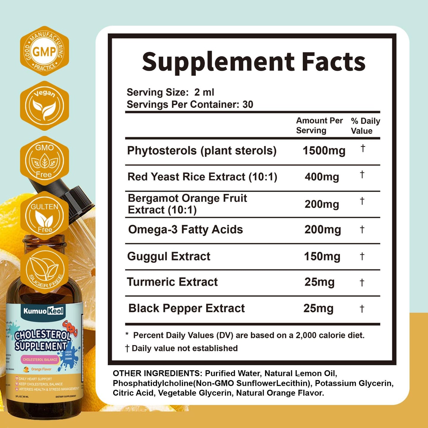 KumuoKeol Cholesterol Support Liquid Drops with Red Yeast Rice, Bergamot & Plant Sterols — Heart Health Formula, 2 fl oz