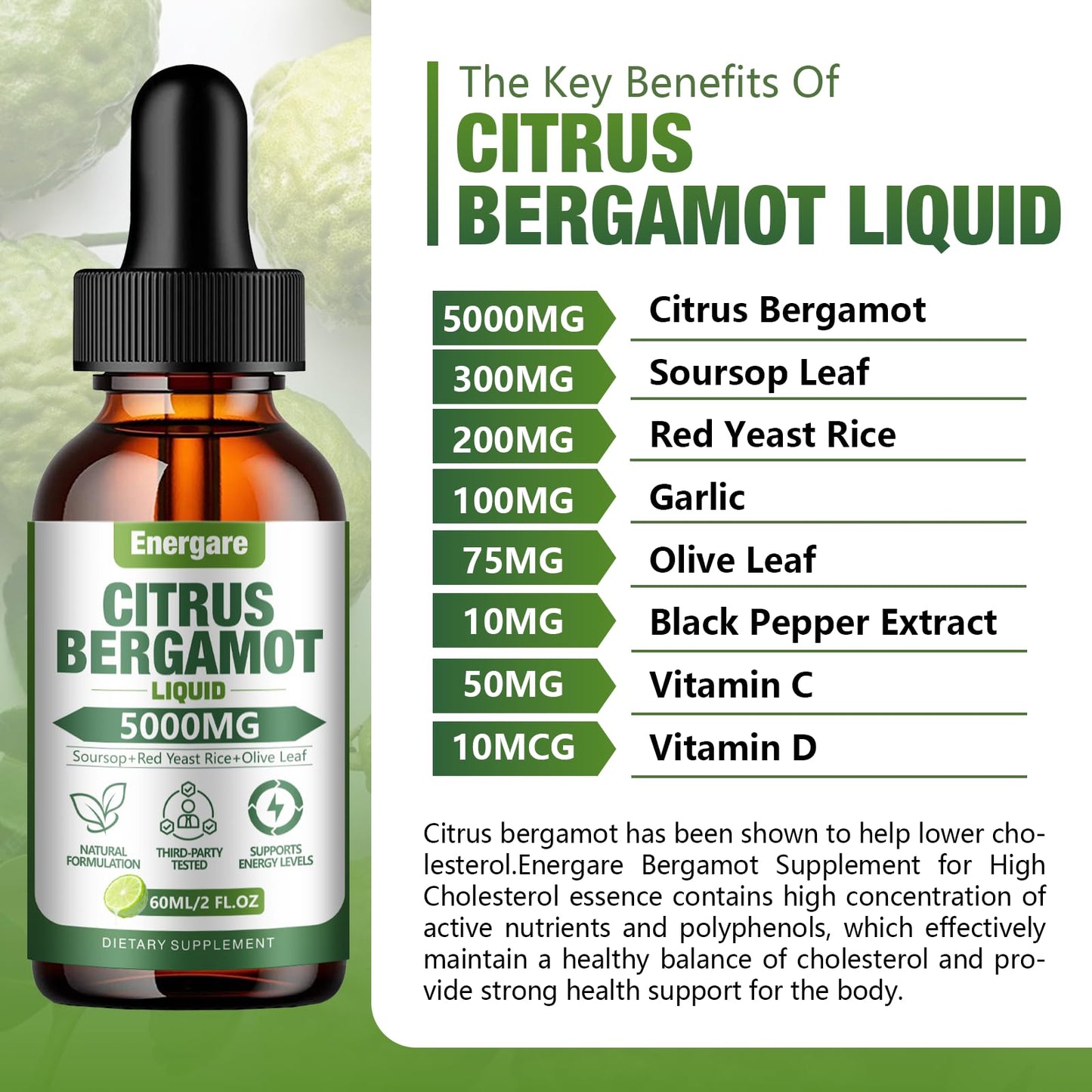 1 Pack 5000MG Citrus Bergamot Liquid Drops – High Cholesterol Support (2 oz) with Soursop & Olive Leaf