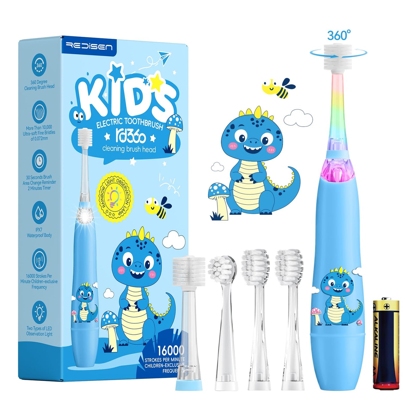 ReDISEN Kids Electric Toothbrush – Sonic for Toddlers | 2-Min Timer, Blue Dinosaur