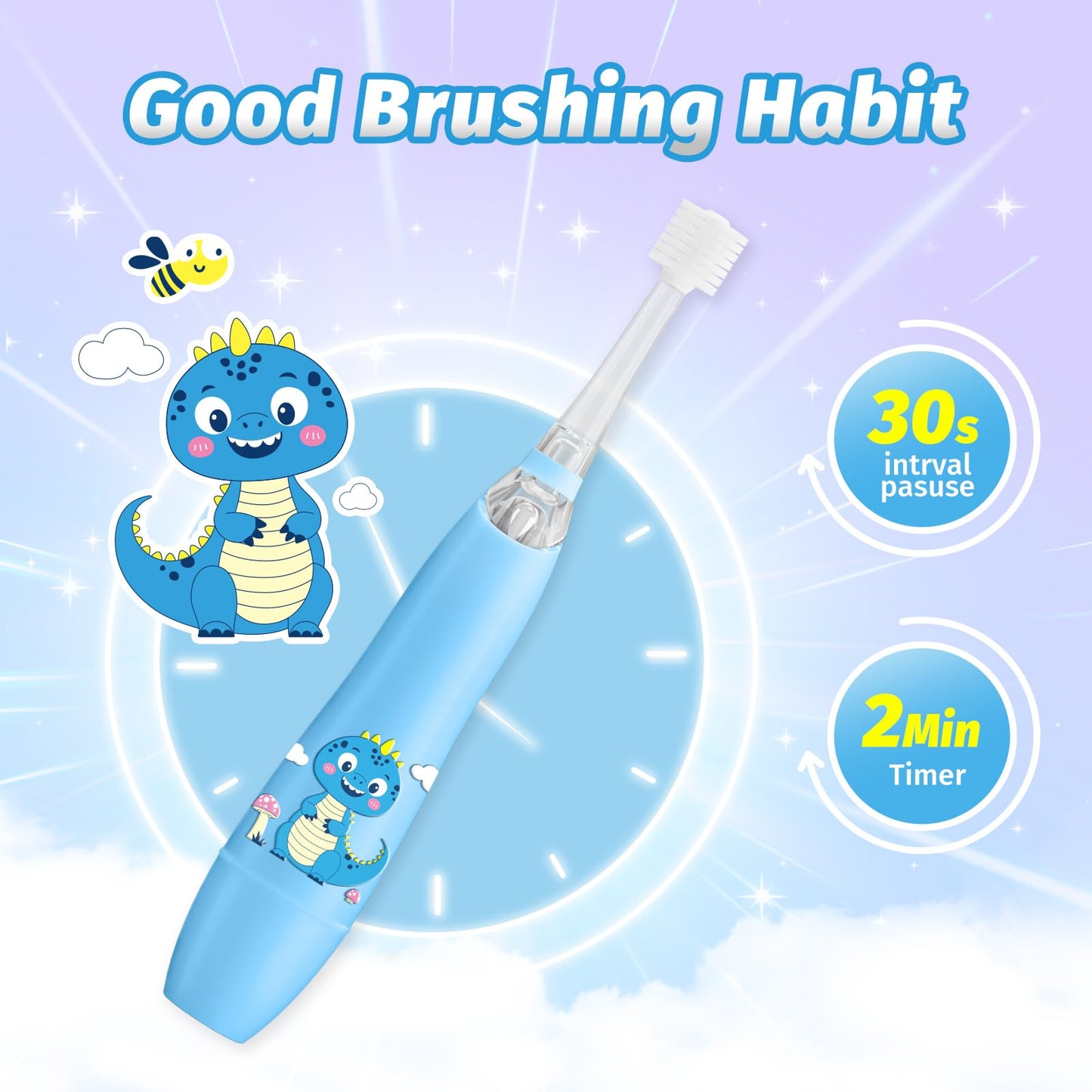 ReDISEN Kids Electric Toothbrush – Sonic for Toddlers | 2-Min Timer, Blue Dinosaur