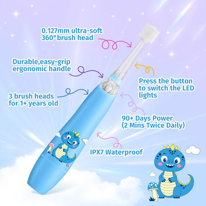 ReDISEN Kids Electric Toothbrush – Sonic for Toddlers | 2-Min Timer, Blue Dinosaur