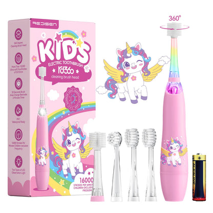 ReDISEN Kids Electric Toothbrush – Toddler Sonic, 2-Min Timer, 4 Heads, Pink Unicorn