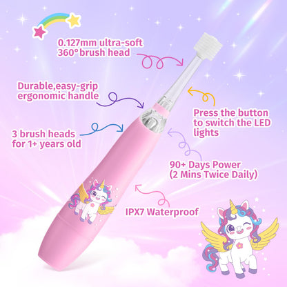 ReDISEN Kids Electric Toothbrush – Toddler Sonic, 2-Min Timer, 4 Heads, Pink Unicorn