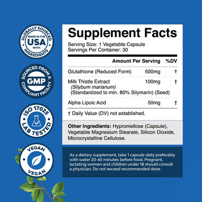 Reduced Glutathione 500 mg with Milk Thistle & ALA – 30 Count