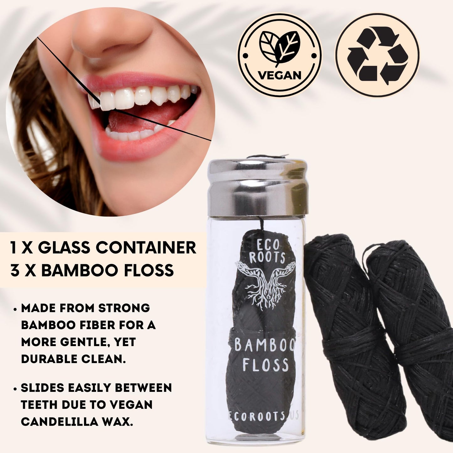 Natural Bamboo Dental Floss – Refillable Glass Jar + 3 Biodegradable Refills (33 yds) – Eco-Friendly, Vegan, Zero Waste
