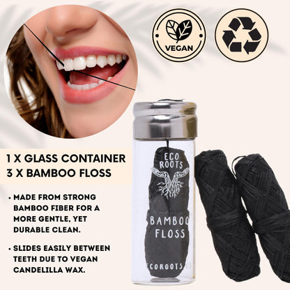 Natural Bamboo Dental Floss – Refillable Glass Jar + 3 Biodegradable Refills (33 yds) – Eco-Friendly, Vegan, Zero Waste