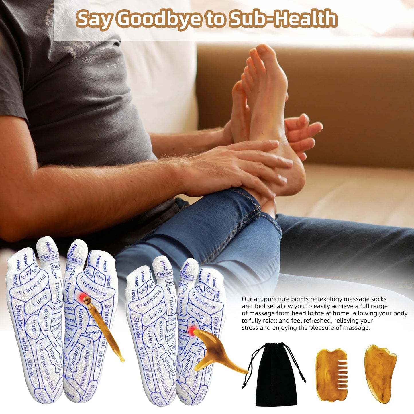 Reflexology Socks & Acupressure Tool – 2 Pair for Muscle Tension Relief
