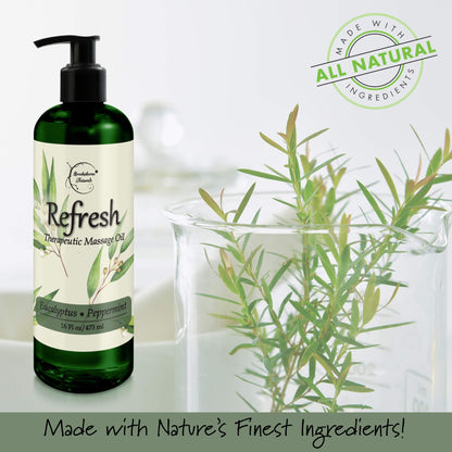 Refresh Massage Oil - Eucalyptus & Peppermint, All Natural Nut-Free 16oz for Massage Therapy