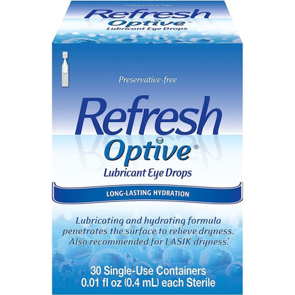 Refresh Optive Preservative-Free Lubricant Eye Drops for Dry Eyes — 30 Count, On-the-Go Single-Use Vials