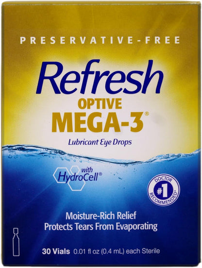 Refresh Optive Mega-3 Eye Drops — Preservative-Free Lipid-Enhancing Lubricant (30 ea x 3)