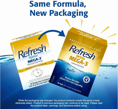 Refresh Optive Mega-3 Eye Drops — Preservative-Free Lipid-Enhancing Lubricant (30 ea x 3)