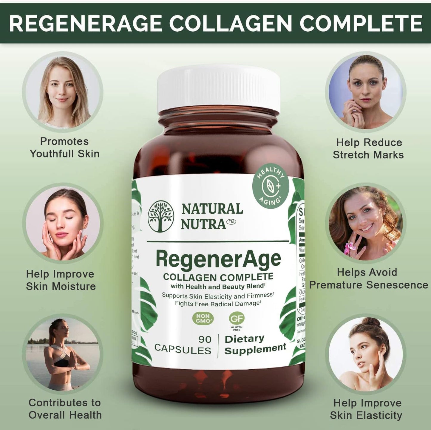 Natural Nutra RegenerAge – Skin Health Supplement with Protein Peptides, Vitamin C, Grape Seed (90 Capsules) – Gluten Free