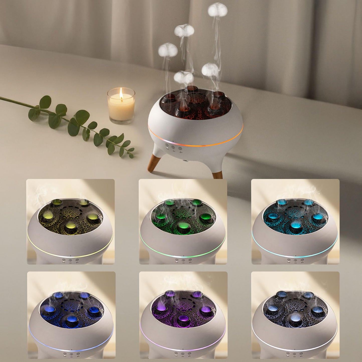 REGISDESK Mushroom Cloud Aroma Diffuser – 7 Smoke Modes, Jelly Fog, 7-Color LED, 3-Timer, Auto Shut-Off | Quiet Home & Office Decor