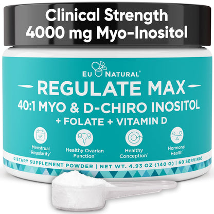 Regulate MAX Myo-Inositol & D-Chiro Inositol Powder for Women – PCOS Support, Vitamin D & Folate, 60 Servings