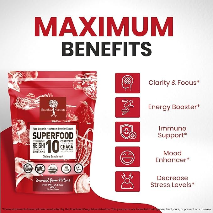 Organic Mushroom Powder Extract – 10-Mushroom Superfood Blend (14x Stronger) – 60g | USDA Immunity Booster
