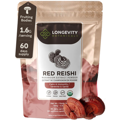Longevity Botanicals Organic Reishi Extract Powder 100g | 10:1 Concentrate | 100% Fruiting Bodies