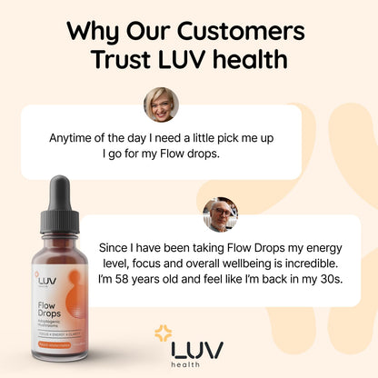 LUV health Flow Drops – Energy, Focus & Immune Support | Adaptogenic Mushrooms (Vegan, Made in USA)