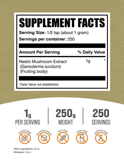 BulkSupplements Reishi Mushroom Extract Powder – 250g, 1g Serving, Gluten Free (Pack of 1)