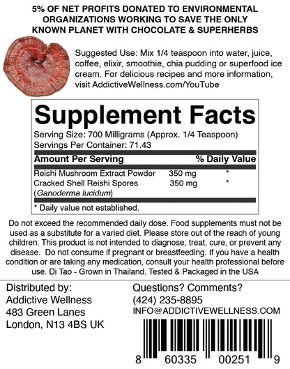 Reishi Mushroom Extract Powder + Spores (50/50) - Wood-Grown Ganoderma 50g