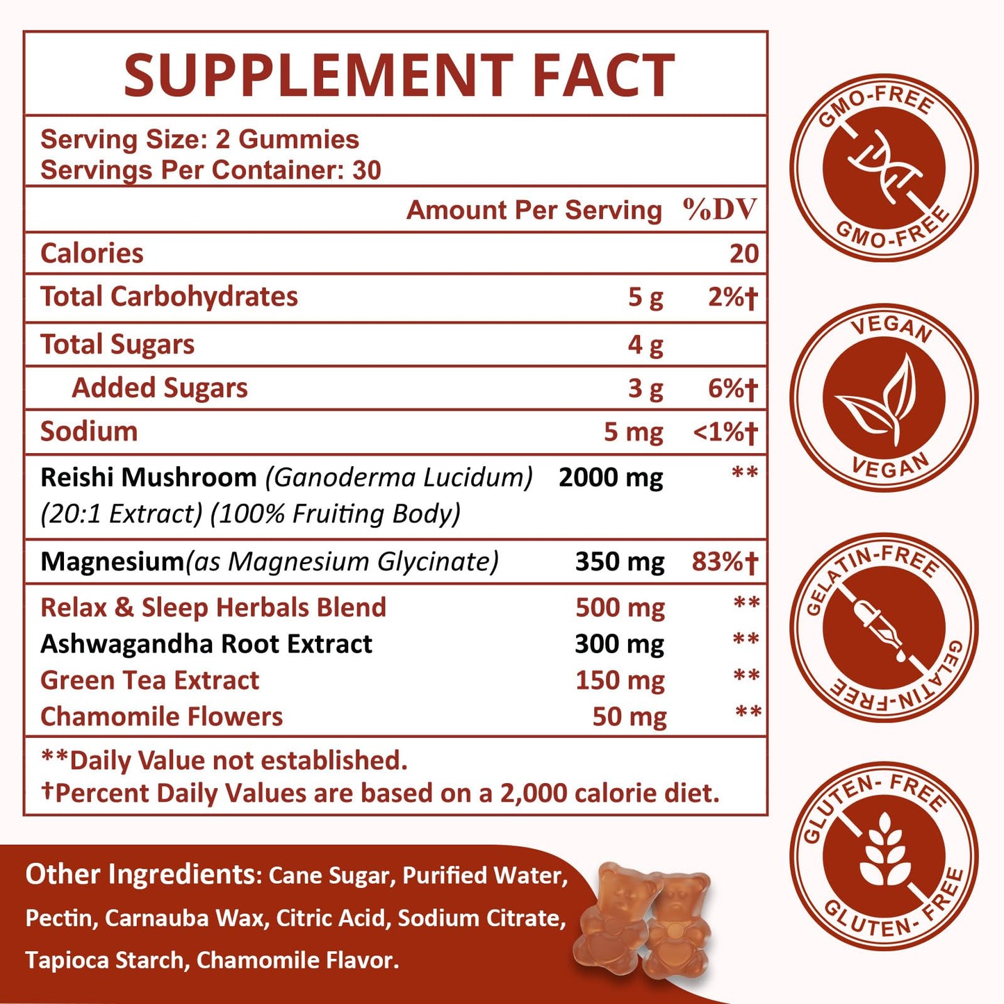 Reishi Mushroom Gummies - Cortisol Support, Relaxation & Immunity | Vegan (60 Gummies)