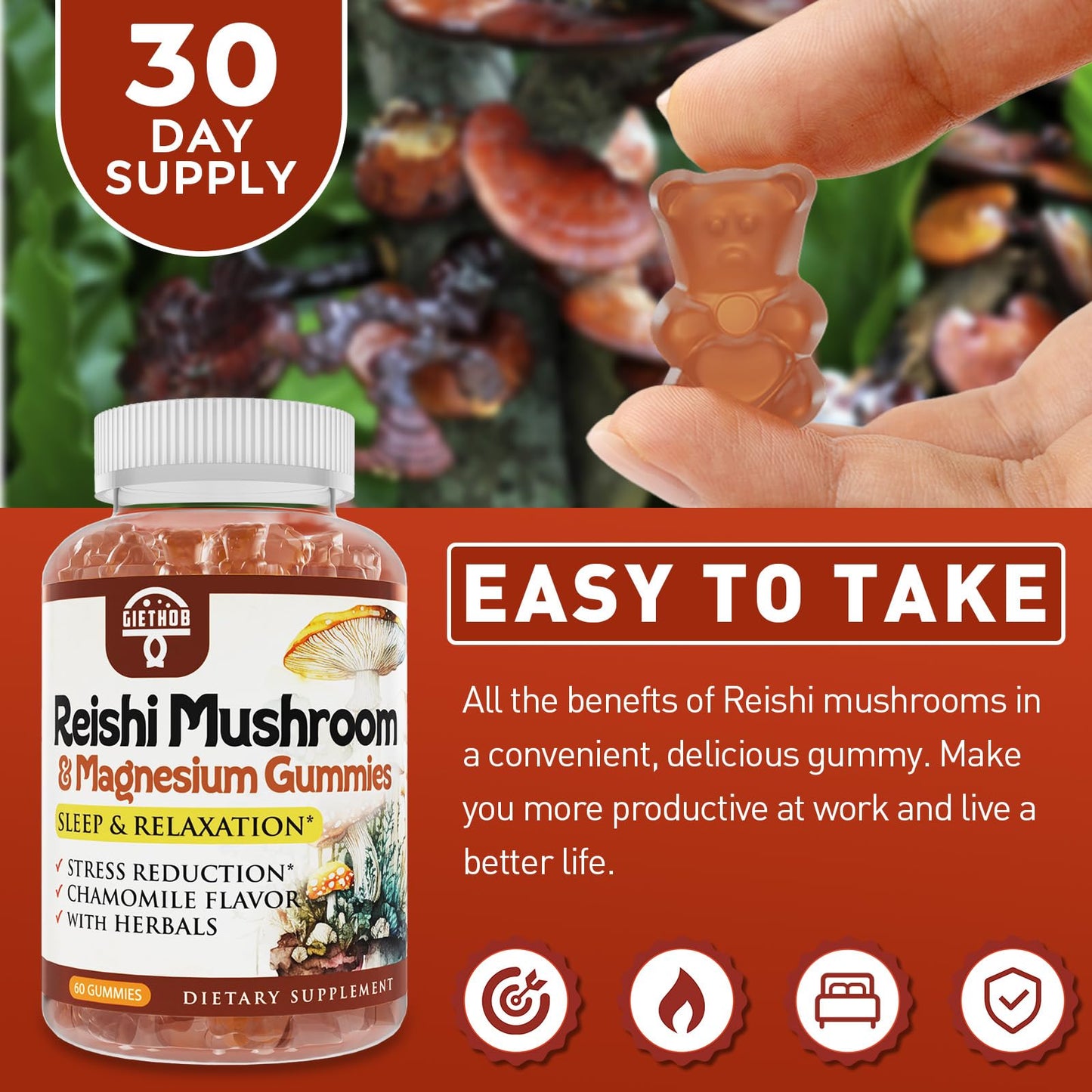Reishi Mushroom Gummies - Cortisol Support, Relaxation & Immunity | Vegan (60 Gummies)